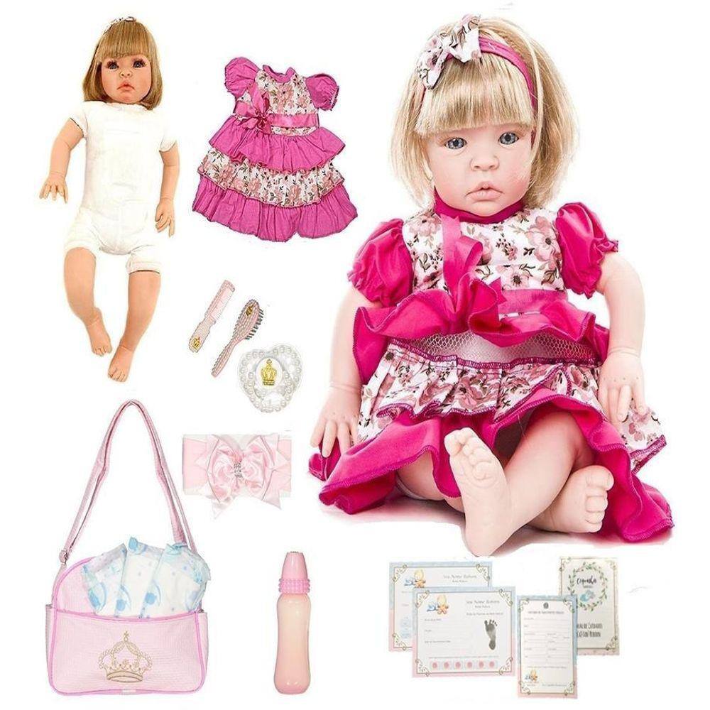 Boneca bebe reborn morena com cilios roupa rosa 16 itens