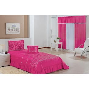 Kit Cobre Leito Solteiro Desejos 04 Peças Com Cortina- Pink