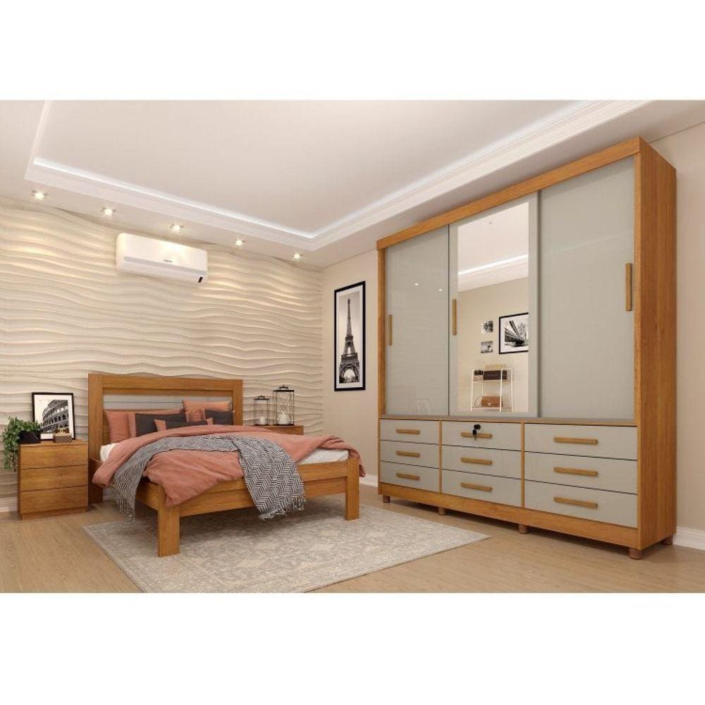 Quarto Completo Roupeiro 3 Portas, Cama Casal e Mesa de Cabeceira Chicago Tcil Móveis Cinamomo/Off White