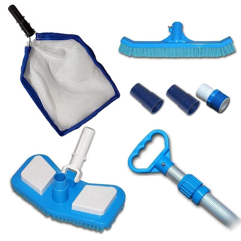 Kit Limpeza Piscina Peneira Metálica Aspirador Escova Curva