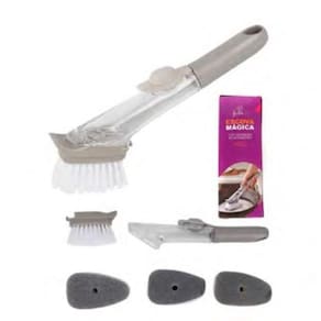 Escova Mágica 3 em 1 Com Dispenser de Detergente + 3 Esponjas