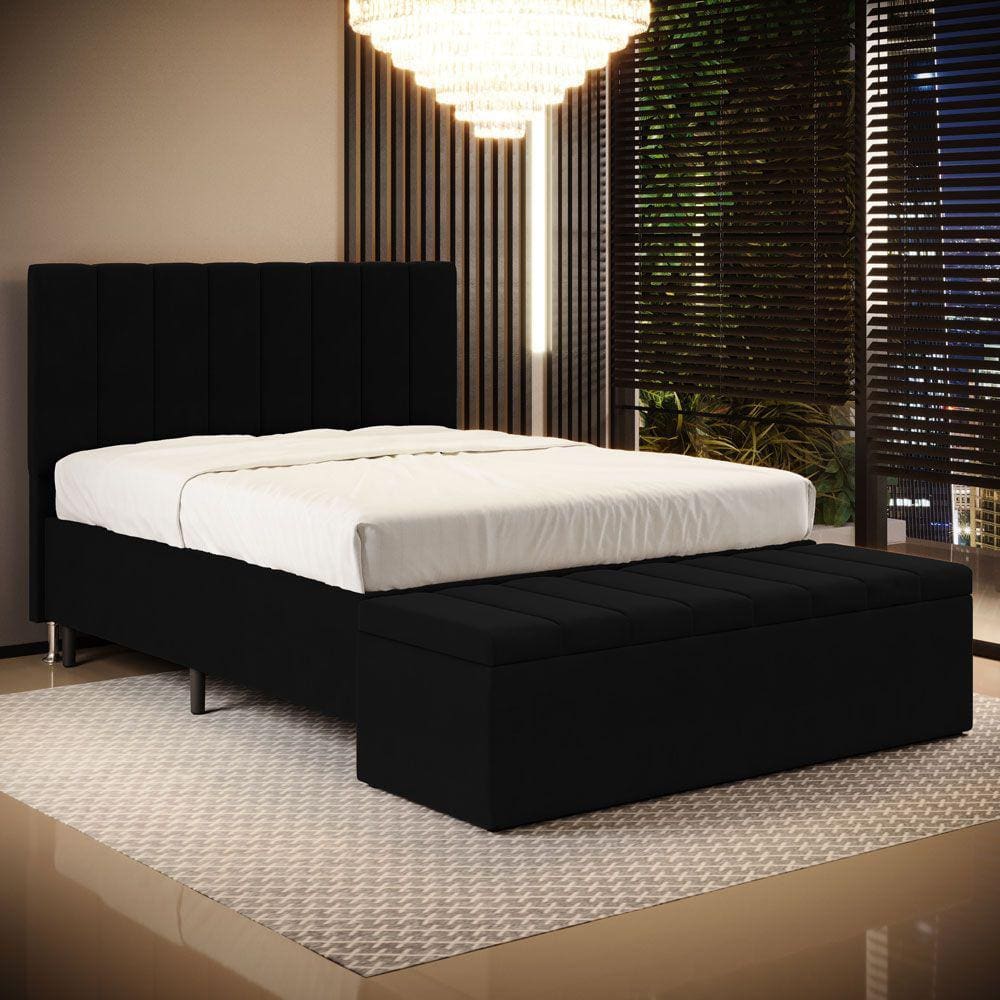 Cabeceira Nashira e Calçadeira Baú Navi 140 para Cama de Casal Z-005 Sued Preto Aradecor
