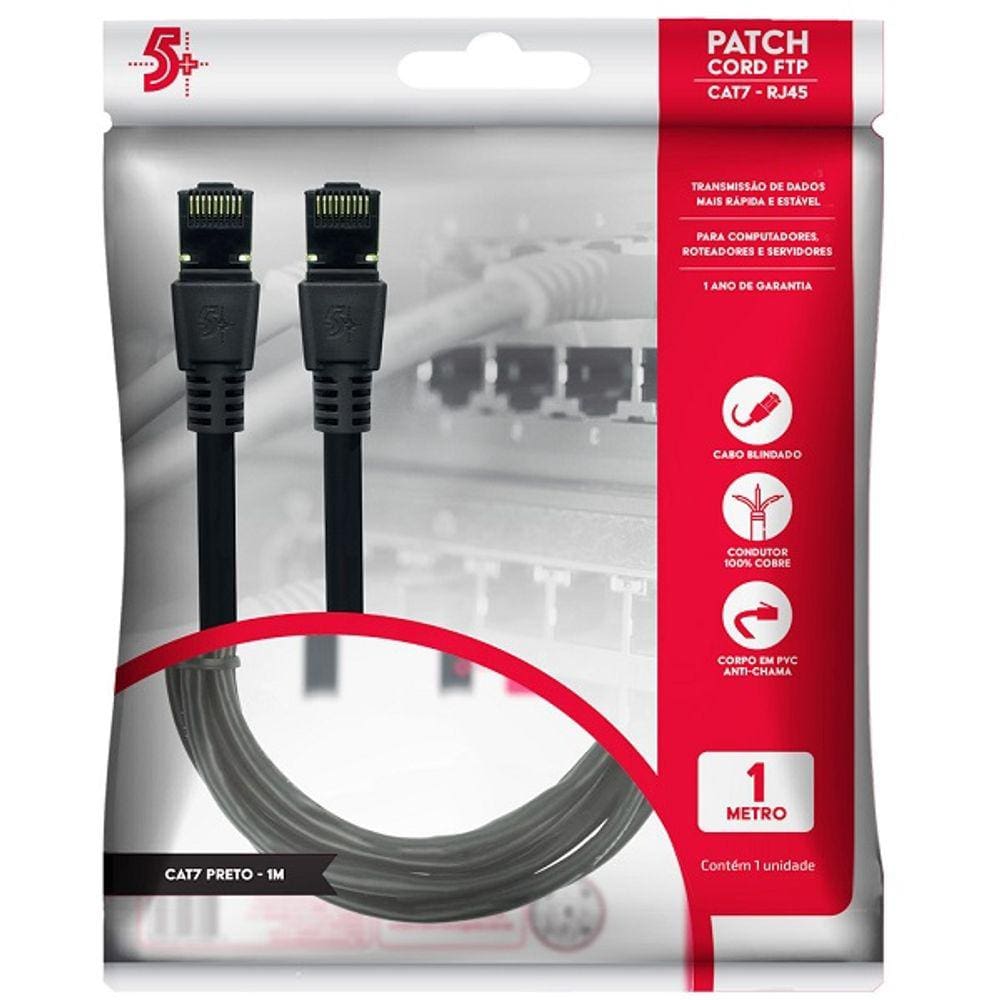 Cabo de Rede CAT7 PATCH CORD FTP 600 MHZ / 10 GBPS 1M Preto
