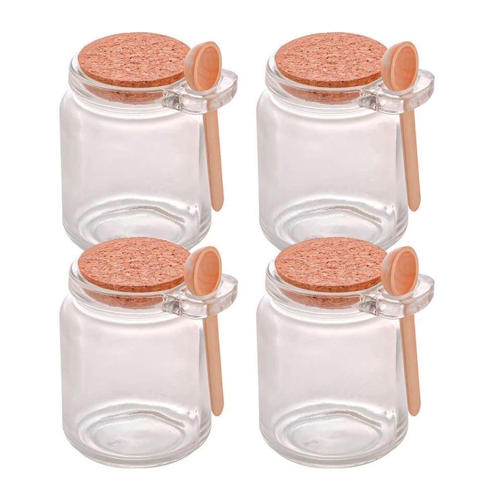 Potes Vidro Porta Tempero Tampa Bambu E Colher 4 Peças Lyor