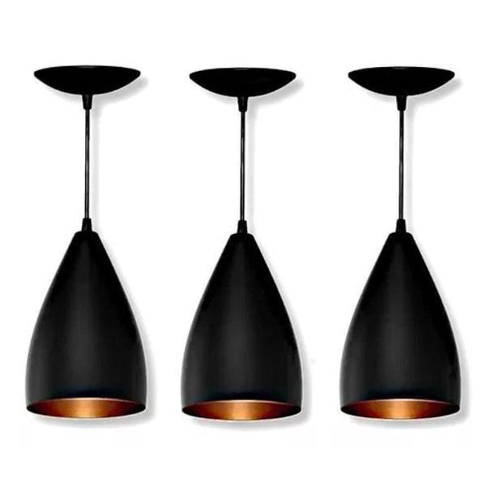 Kit 3 Lustres Pendentes Modelo Vegas Luxo Preto Com Cobre