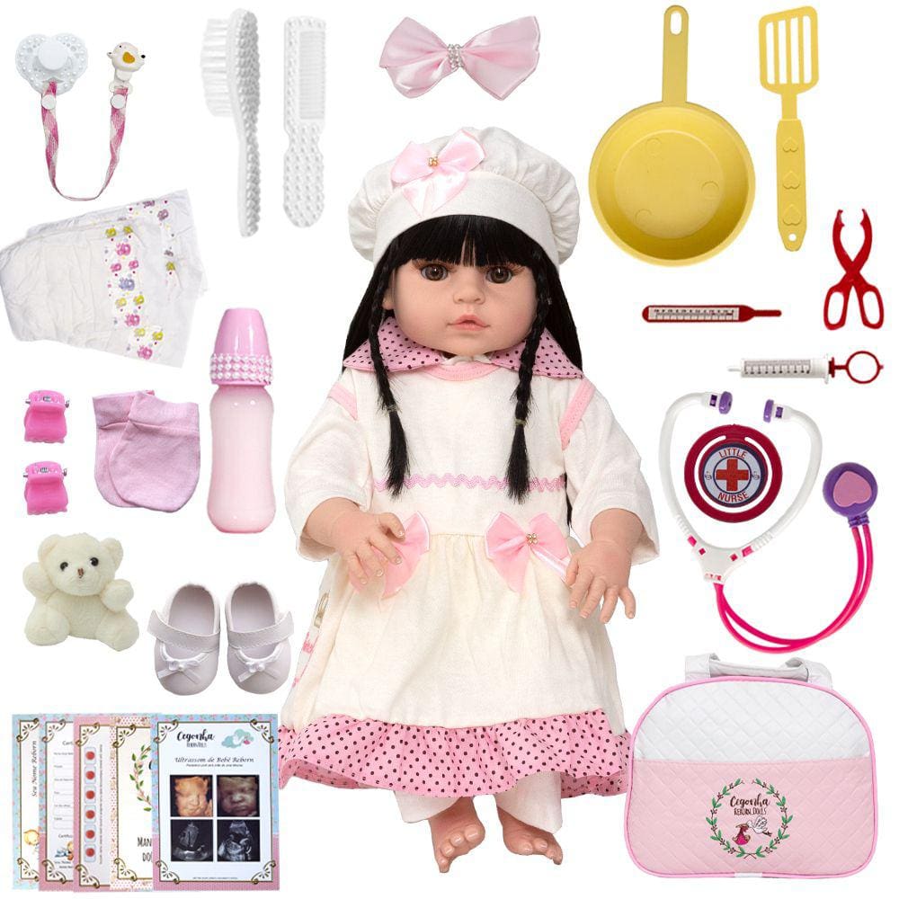 Bebê Reborn Baby Boneca Cabelos Castanhos + Enxoval Completo