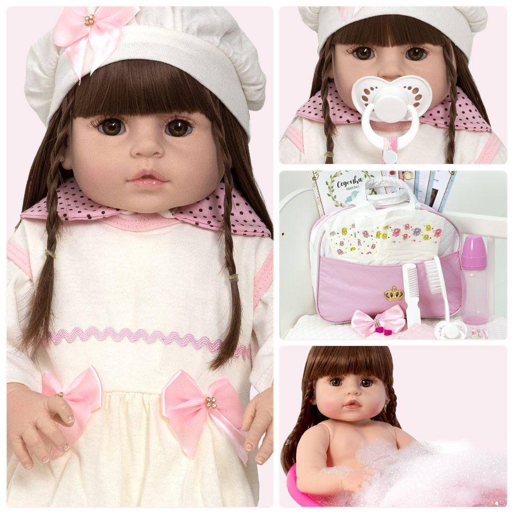 Bebê Reborn Baby Boneca Cabelos Castanhos + Enxoval Completo