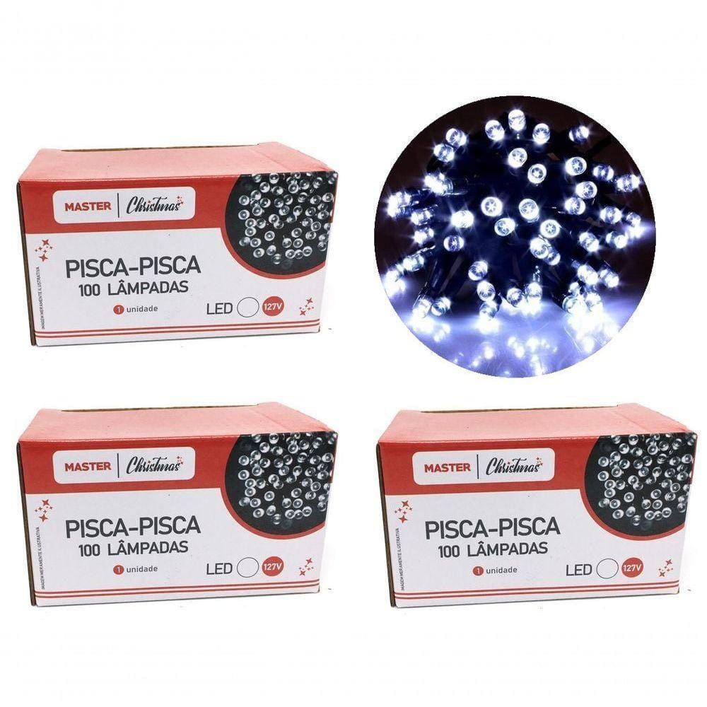 Jogo 3 Pisca Pisca 100 Lâmpadas Led Branco 8 Funções 127V