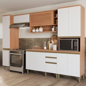 Cozinha Completa 10 Portas 3 Gavetas com Armário e Balcão Macadâmia Freijó/Branco