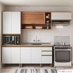 Cozinha Completa 10 Portas 3 Gavetas com Balcão de Pia Macadâmia Freijó/Branco