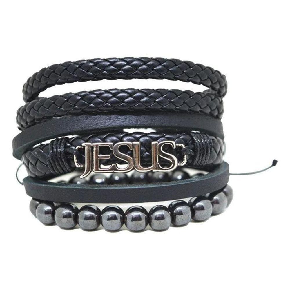 Pulseira Masculina Jesus Gospel Pedra Hematita Kit 3 Combo