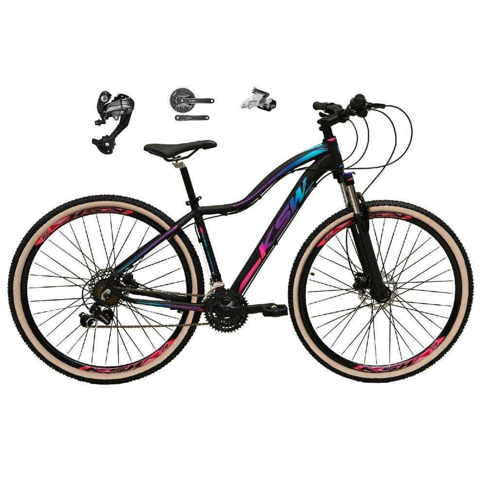 Bicicleta Feminina Aro 29 Ksw Mwza 27v Câmbios Shimano Altus Freios Hidráulicos Garfo Com Trava Pneu Bege - Preto/Pink/Azul