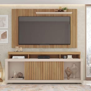 Rack com Painel Para TV de até 65 Polegadas 2 Portas Ripado Esmeralda Buriti/Off White