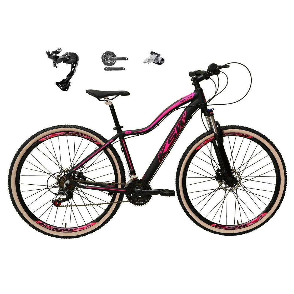 Bicicleta Feminina 29 Ksw Mwza Câmbio Traseiro Shimano Alívio e Altus 27v Freio Hidráulico Garfo Com Trava Pneu com Faixa Bege - Preto/Rosa