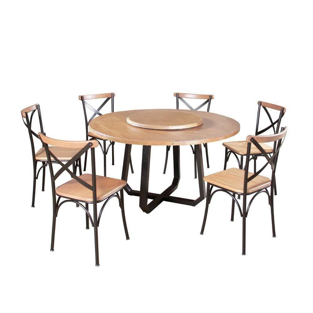 Mesa Jantar Redonda Prato Giratório Clarisse 1,60M 6 Cadeiras Paris Base Alumínio Natural - Marrom
