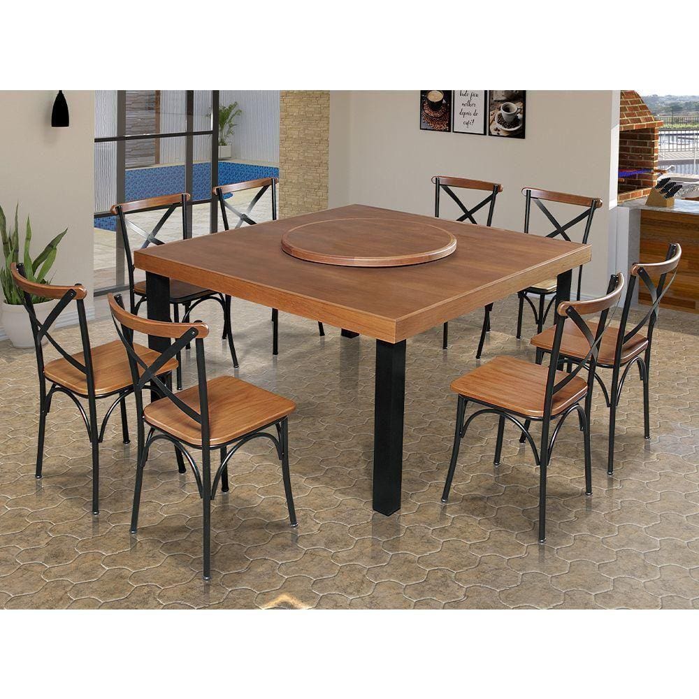 Mesa Jantar Industrial Sophia 1,30M Prato Giratório 8 Cadeiras Paris Pés Alumínio Castanho - Marrom