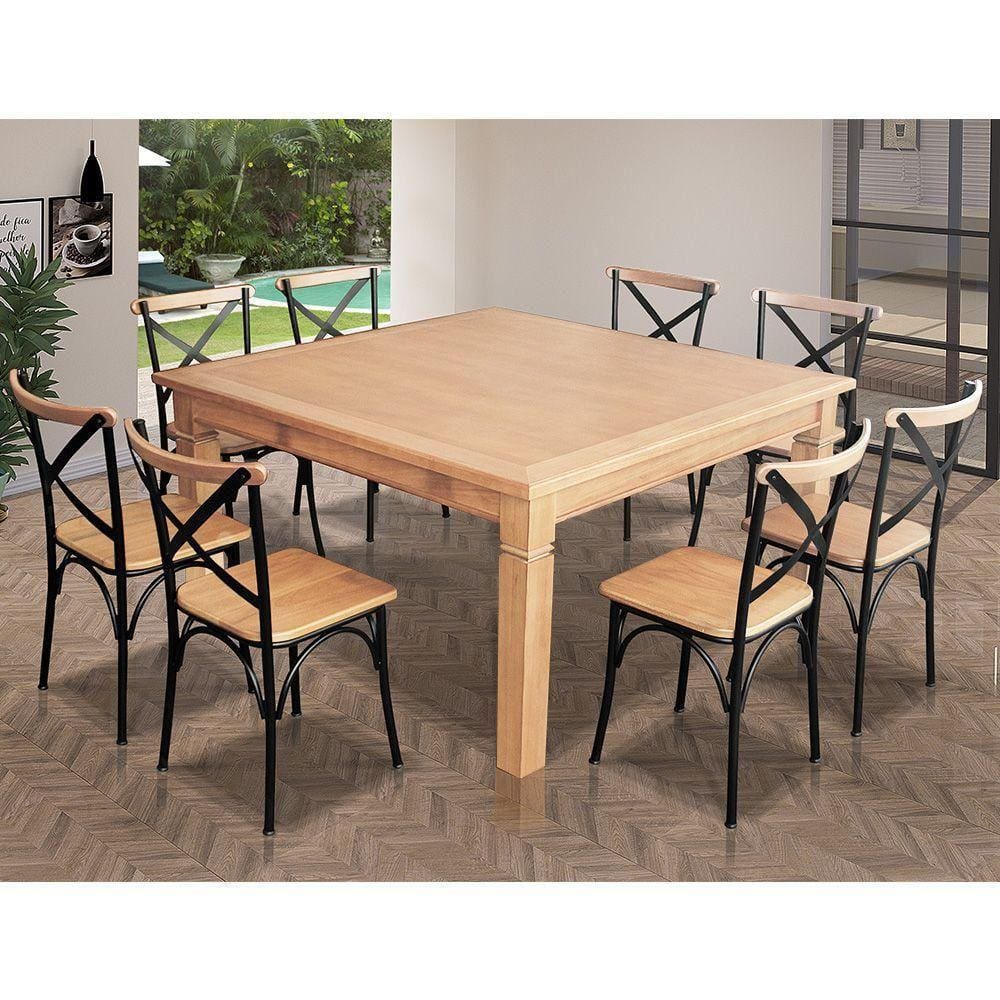 Mesa Jantar Quadrada Celina 1,50M 8 Cadeiras Paris Pés Alumínio Natural - Marrom