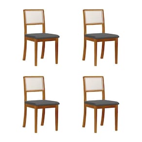 Kit 4 Cadeiras De Jantar Palha Estofadas Linho Cinza Encosto Tela Sextavada Mel Cinza
