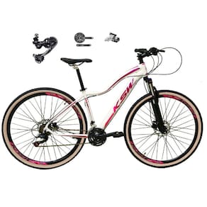 Bicicleta Feminina Aro 29 Ksw Mwza Câmbio Traseiro Shimano Deore e Altus 27v Freio Hidráulico Garfo Com Trava Pneu Faixa Bege - Branco/Pink/Violeta