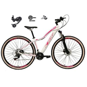 Bicicleta Feminina Aro 29 Ksw Mwza Câmbio Traseiro Shimano Deore e Altus 27v Freio Hidráulico Garfo Com Trava Pneu Faixa Bege - Branco/Rosa