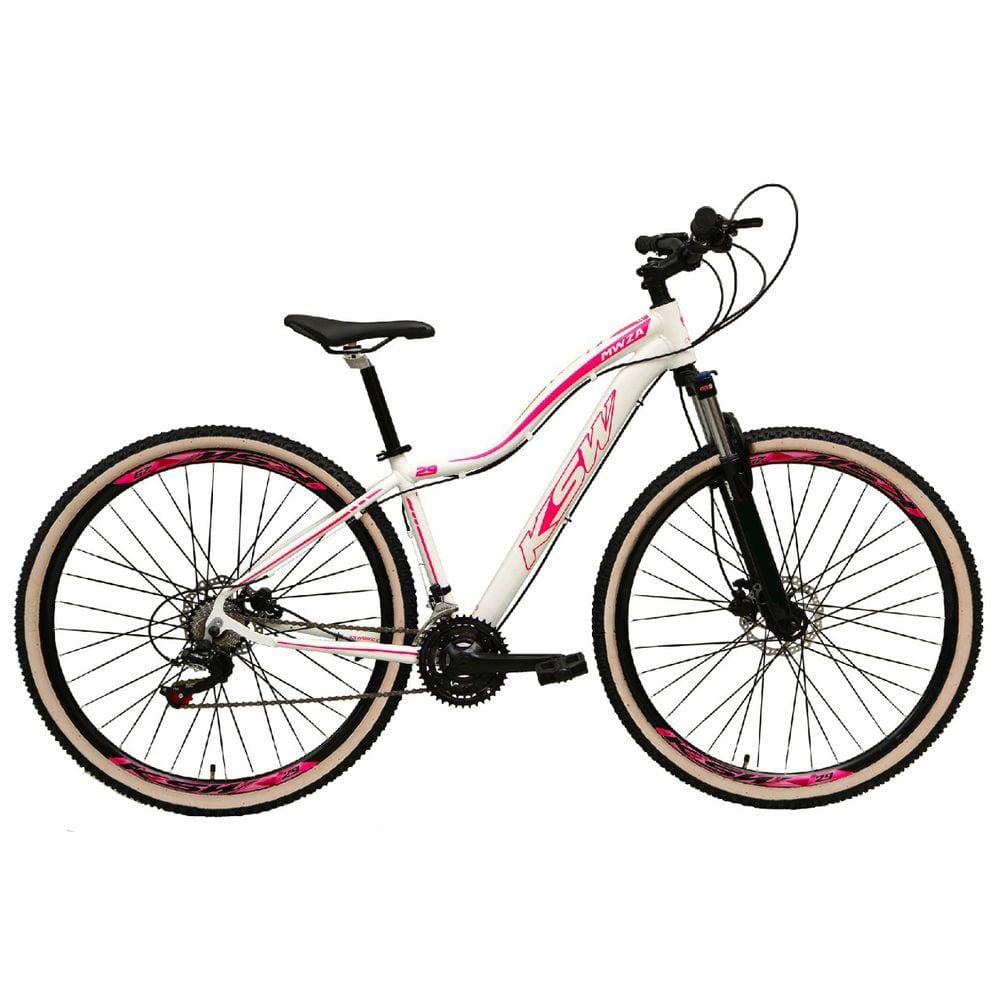 Bicicleta Feminina Aro 29 Ksw Mwza Alumínio 24v Câmbios Shimano Garfo com Trava no Ombro Pneu Bege - Branco/Rosa