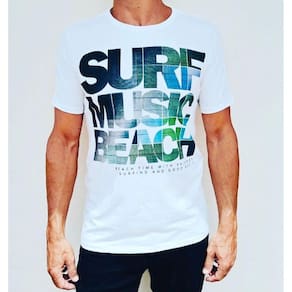 T-Shirt Surf Music Beach Branca fabricado com Algodão Egípicio