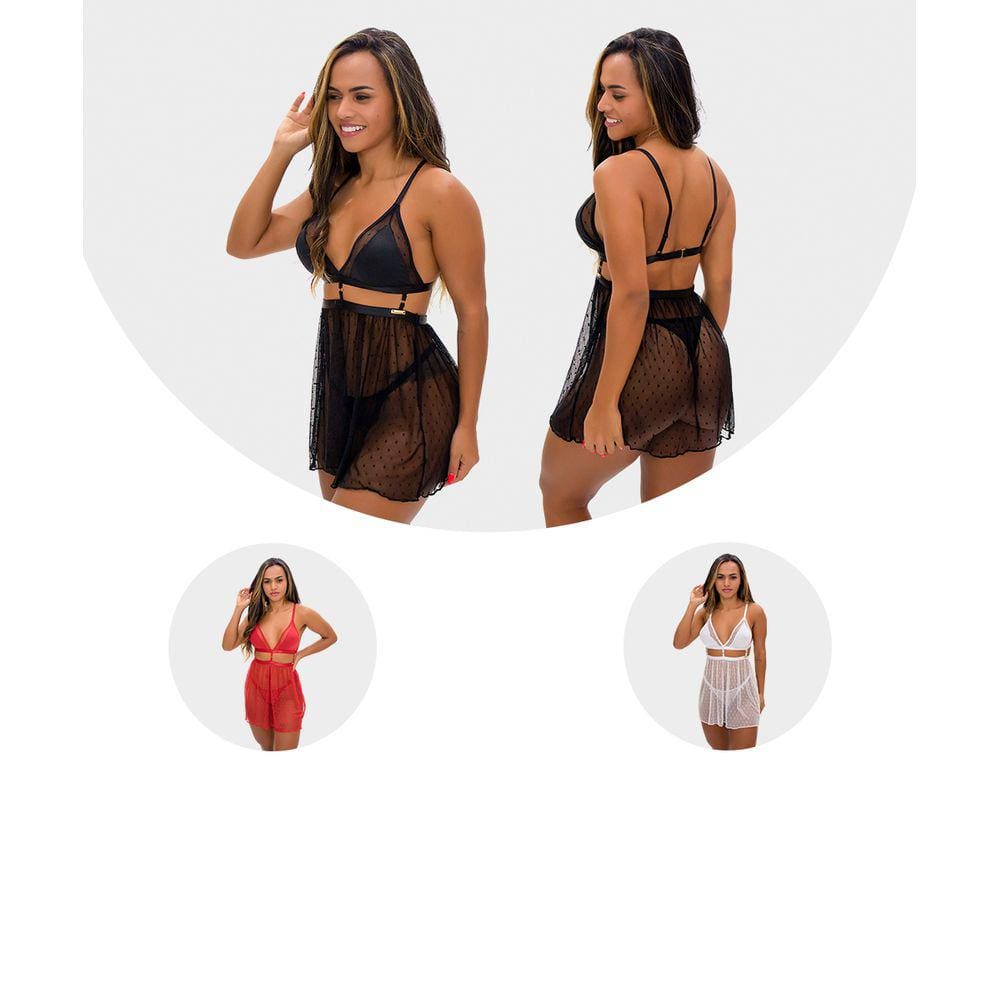 Kit 3 Camisola IMI Lingerie Tule Calcinha Fio Juliette