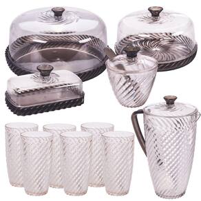 Kit boleira baixa, queijeira, açucareiro, manteigueira, jarra e 6 copos de plástico Cristal Twist preto Plasutil