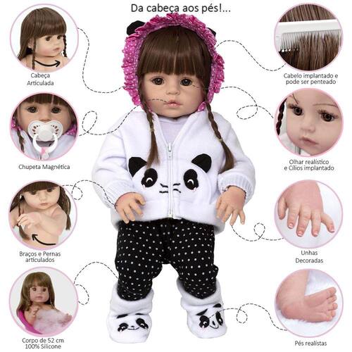 Boneca Bebe Reborn Realista Pandinha Linda Enxoval Completo