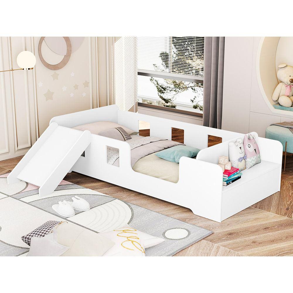 Cama Infantil Montessoriana com Escorregador e Grade Proteção Manu Branco
