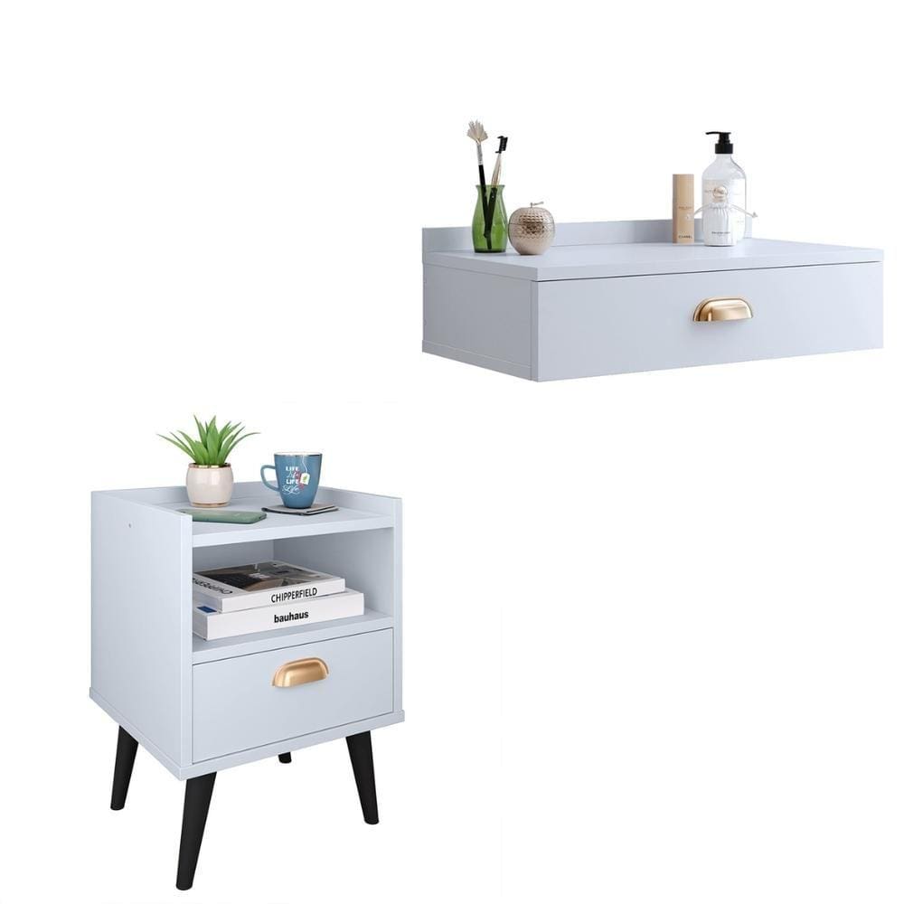 Conjunto Mesa Cabeceira 1 Gaveta Organizadora Pés Retrô Penteadeira Suspensa Puxador Concha Kit Decorativo Quarto - Branco - RPM Móveis