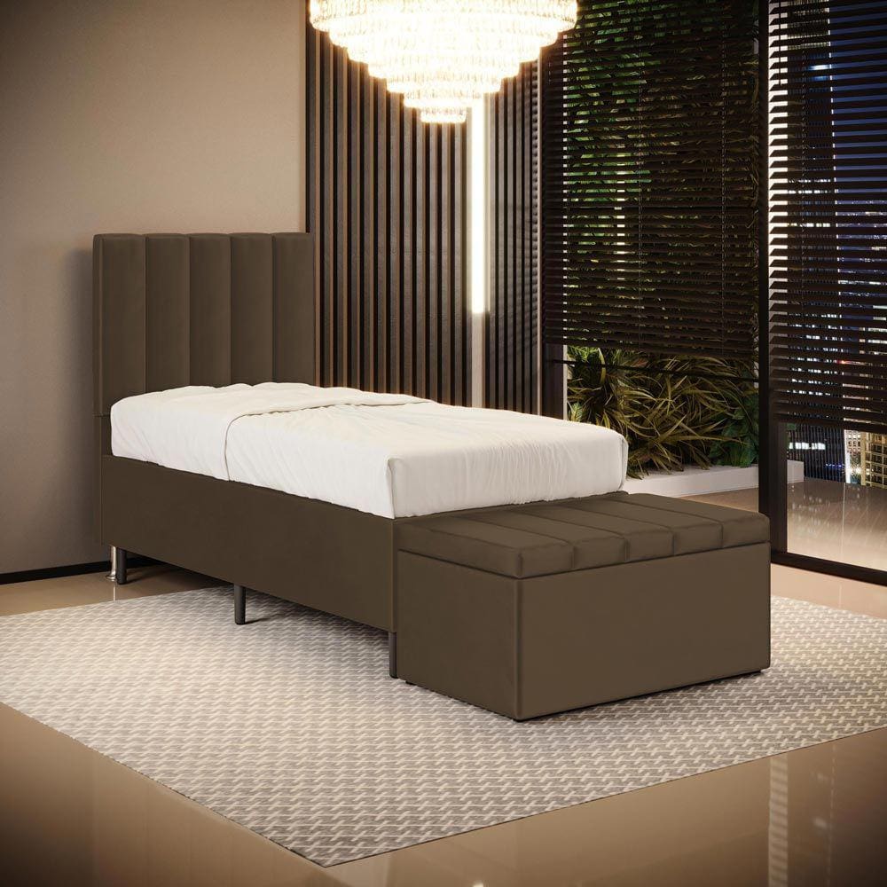 Cabeceira Nashira e Calçadeira Baú Navi 90 para Cama de Solteiro N-029 Veludo Capuccino Aradecor