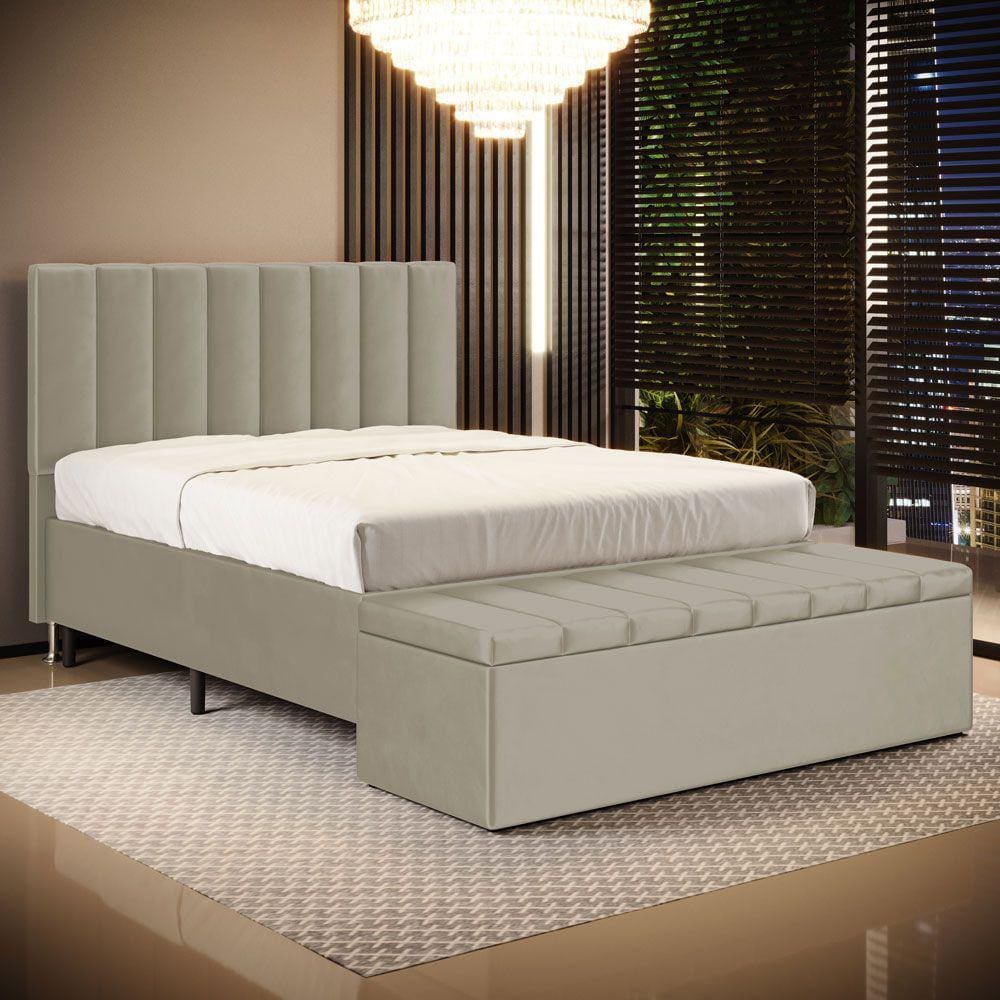 Cabeceira Nashira e Calçadeira Baú Navi 160 para Cama Queen N-030 Veludo Bege Aradecor