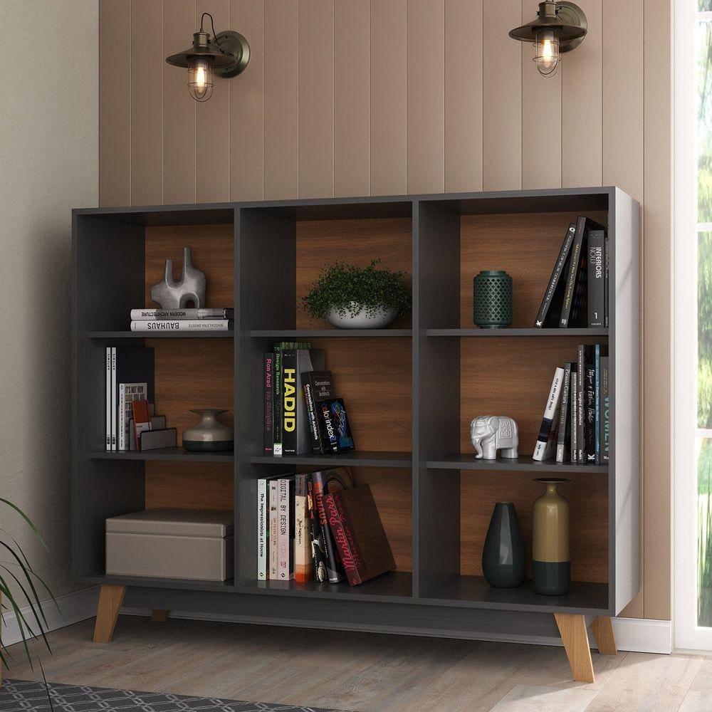 Estante Livreiro 9 Nichos Grafite/Nogal