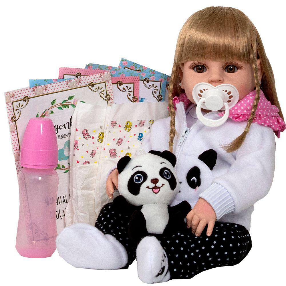 Boneca Bebe Reborn Realista Pandinha Linda Enxoval Completo