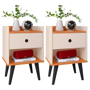 Mesa Cabeceira Off White/Cinamomo 1 Gaveta Organizadora Nicho Aberto Decorativo Pés Palito Retrô Mesinha Quarto Pés Preto - RPM Móveis