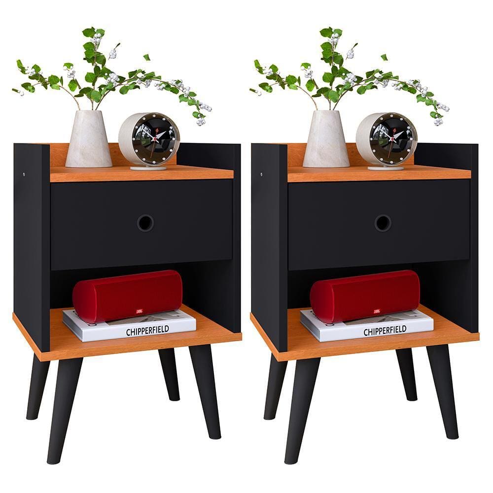 Mesa Cabeceira 1 Gaveta Organizadora Nicho Aberto Decorativo Pés Palito Retrô Mesinha Quarto - Preto/Cinamomo - RPM Móveis