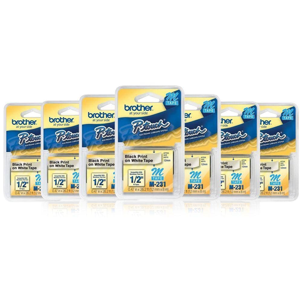 Kit 7 Fita Para Rotulador Brother M231 12MM Preto e Branco