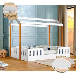 Cama Casal Com Colchão Casinha Montessoriana Ágatha Branco/Amêndoa Incluso Luminária - Cor: Branco