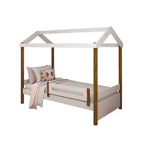 Bicama Solteiro Montessoriana Eliz Com Grade De Proteção Branco/Mel - Cor: Branco