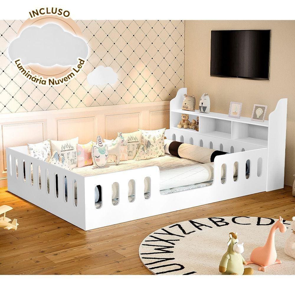 Cama Casal Design Montessoriana Helo Com Nicho Branca + Luminária Led Branco