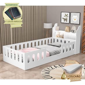 Cama De Criança Helo Solteiro C/ Colchão + Nicho + Led E Lousa Mágica Branca - Cor: Branco