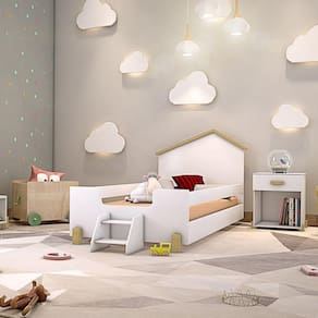 Cama Infantil Montessoriana Com Escadinha Juvenil Ayla - Branca E Natural - Cor: Branco