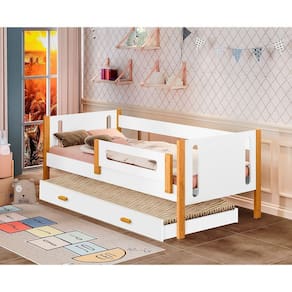 Bicama Babá Infantil Mirela Branco/Mel Com Grade De Proteção - Divaloto Móveis Branco