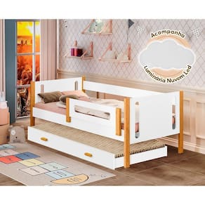 Cama Babá Solteiro Mirela C/ Cama Auxiliar Branco/Amêndoa Grade De Proteção + Luminária Led Branco