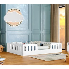 Cama Casal Infantil Branca Helo Com Cercado + Luminária Led Branco