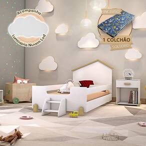 Cama De Criança Infantil Com Colchão E Escadinha Solteiro Branca E Natural + Luminária Led Branco