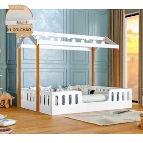 Cama Infantil Montessoriana Ágatha Casal Com Led E Colchão Branco/Amêndoa - Divaloto - Cor: Branco