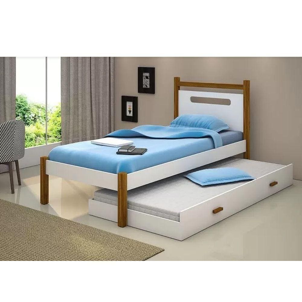 Cama Montessoriana Infantil Eloa Solteiro C/ Cama Auxiliar - Branco/Amêndoa - Cor: Branco