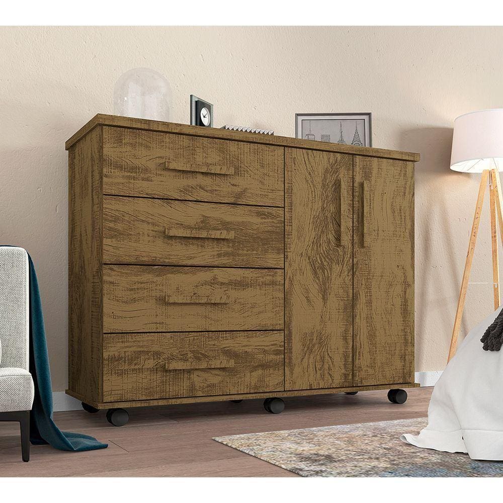 Cômoda Geval Encanto Com 04 Gavetas 02 Portas E Rodízios - Canela Wood - Cor: Marrom